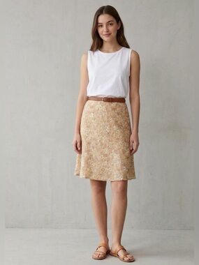 J. Jill Tan Floral A-Line Skirt with White, Yellow and Blue Accents